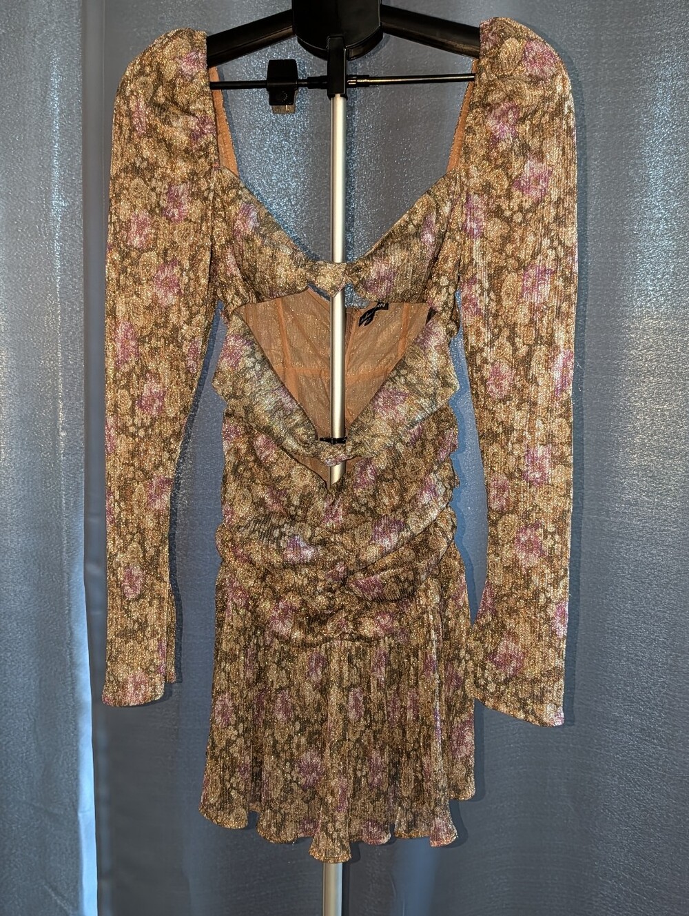 For Love & Lemons Mauve and Olive Floral Long Sleeve Cutout Mini Dress